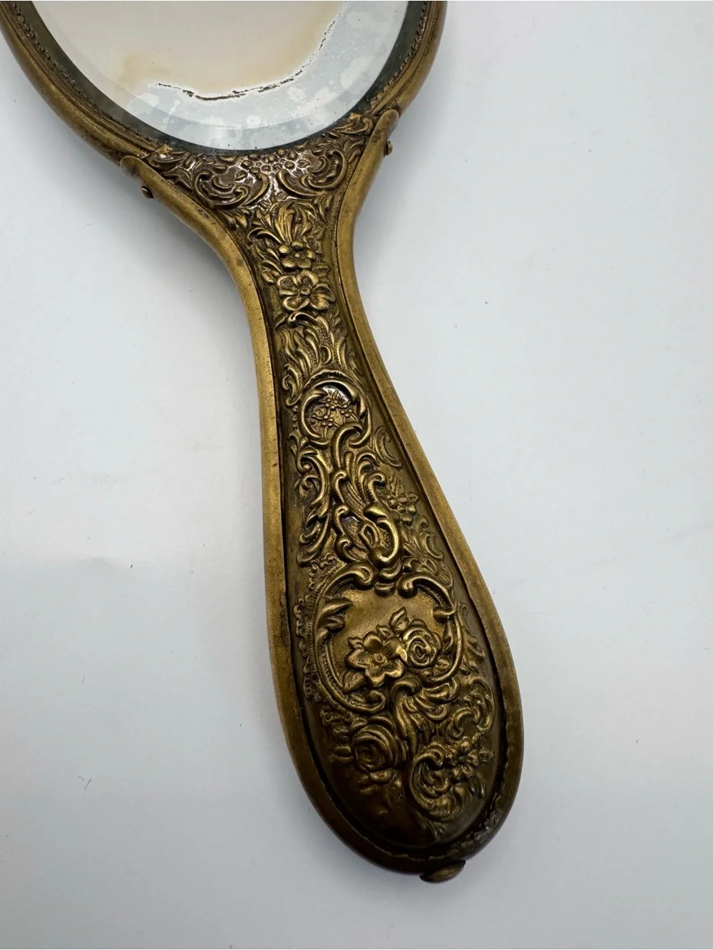 Vintage Porcelain Hand Painted Floral Brass Victorian Beveled Glass Hand Mirror